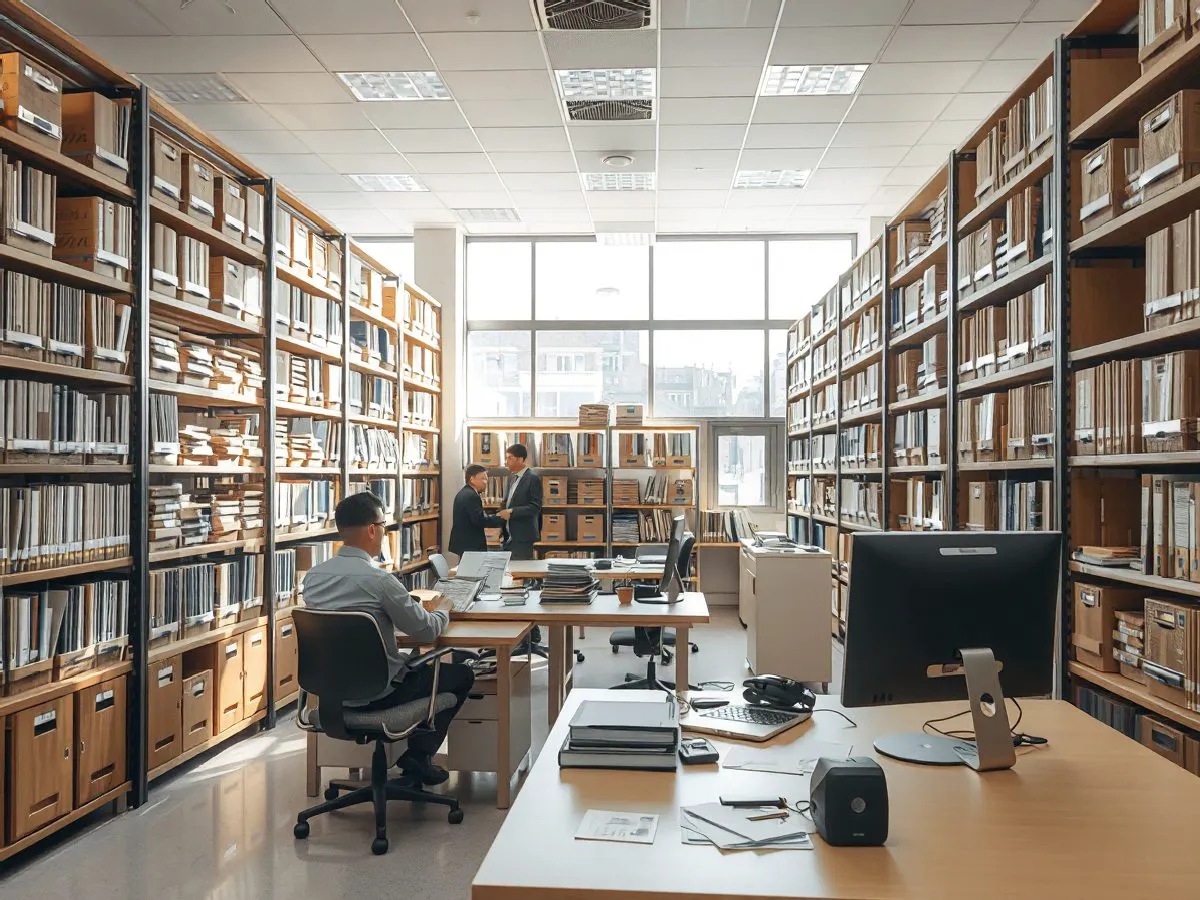 高中资料室数字化项目场景：档案室书架与工作人员