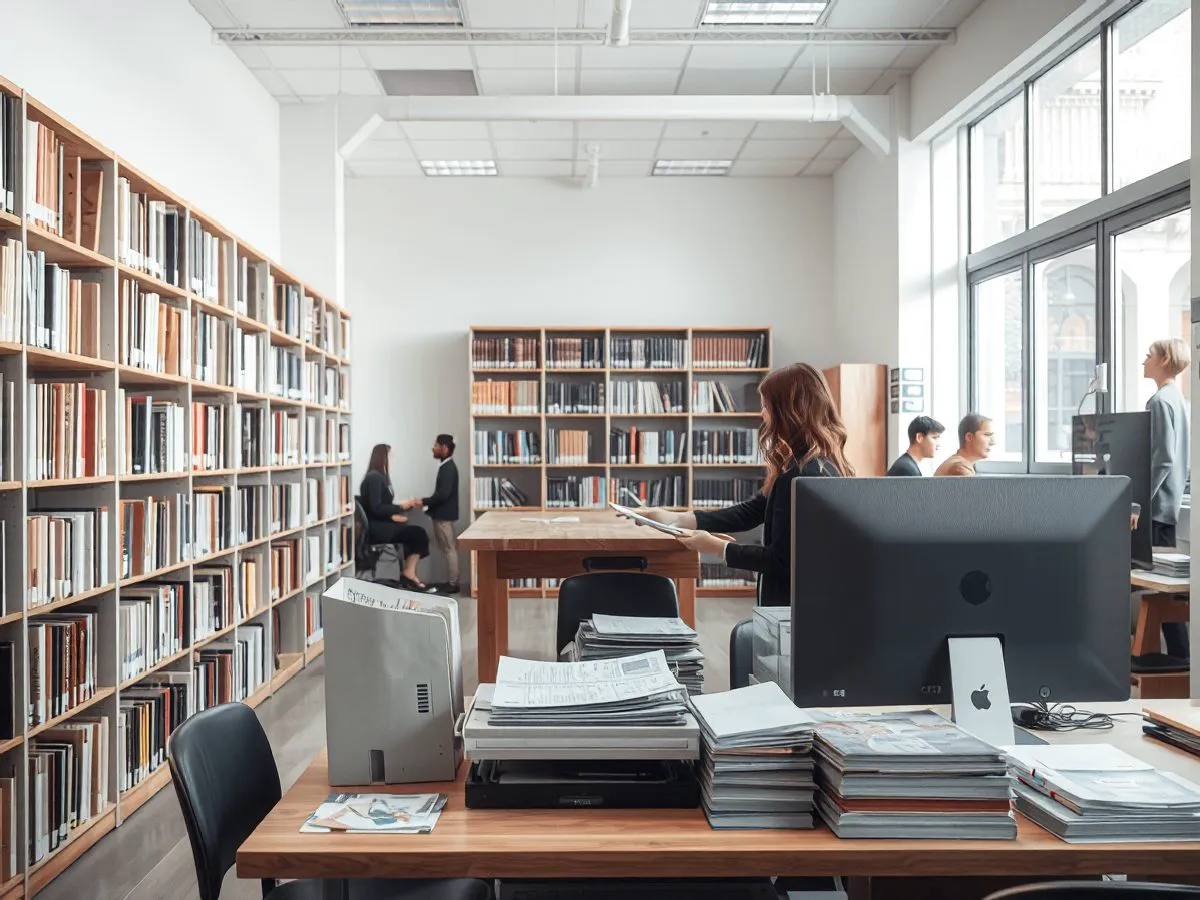 学校资料室数字化场景：工作人员正在扫描纸质资料